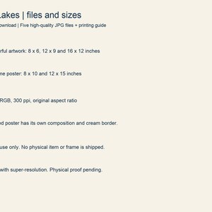 List of the five Rae Lakes JPG files and their print sizes