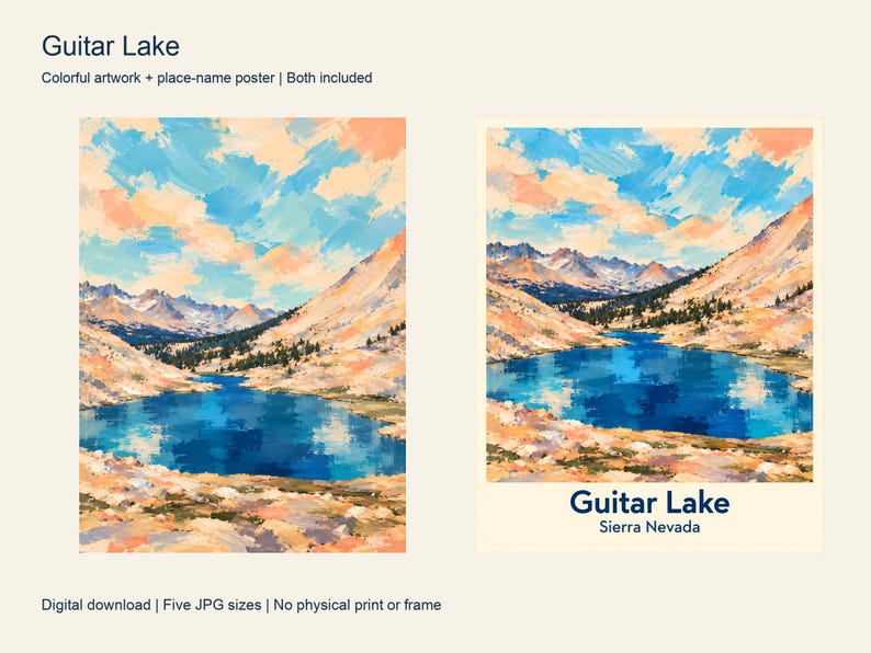 The colorful Guitar Lake artwork next to its place-name poster, both included in the download