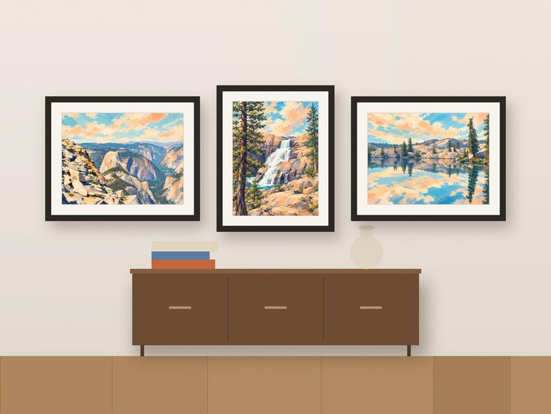 Three colorful Yosemite prints framed in a row above a wooden sideboard, shown as a room mockup