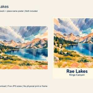 The colorful Rae Lakes artwork next to its place-name poster, both included in the download