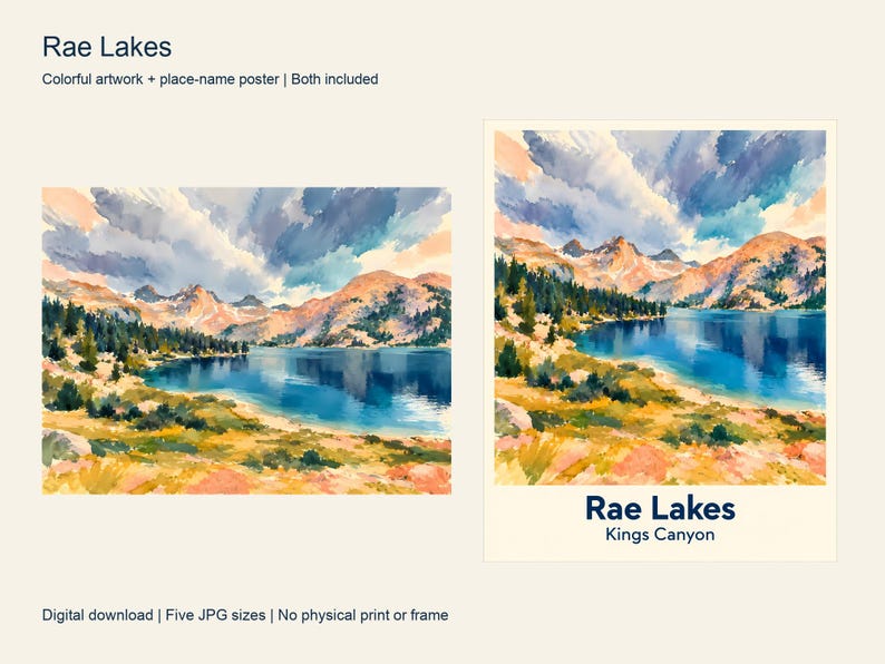 The colorful Rae Lakes artwork next to its place-name poster, both included in the download