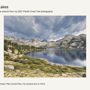 Rae Lakes gouache-style landscape with clouds over the granite peaks, Kings Canyon National Park
