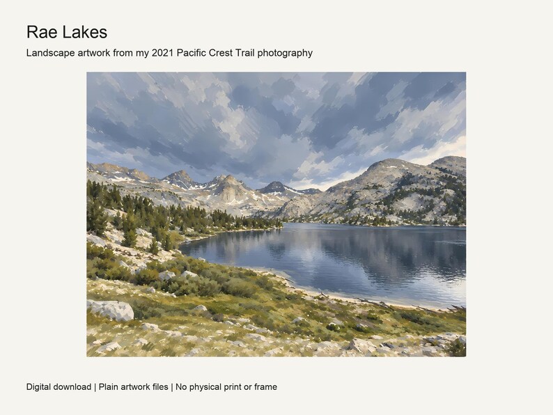 Rae Lakes gouache-style landscape with clouds over the granite peaks, Kings Canyon National Park