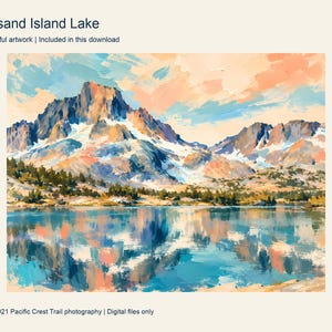 Banner Peak reflected in Thousand Island Lake, painted in turquoise and peach, Ansel Adams Wilderness