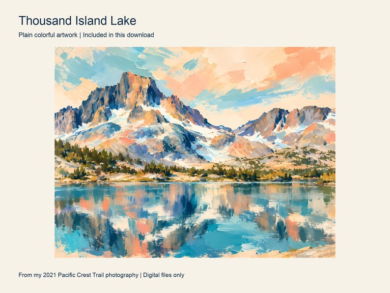 Banner Peak reflected in Thousand Island Lake, painted in turquoise and peach, Ansel Adams Wilderness