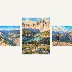 The three hiker paintings side by side: Clouds Rest, Kearsarge Pinnacles and Sierra Ridges