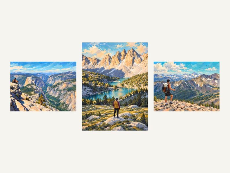 The three hiker paintings side by side: Clouds Rest, Kearsarge Pinnacles and Sierra Ridges