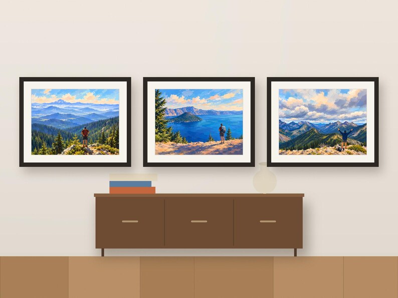 Three hiker paintings framed in a row above a wooden sideboard, shown as a room mockup