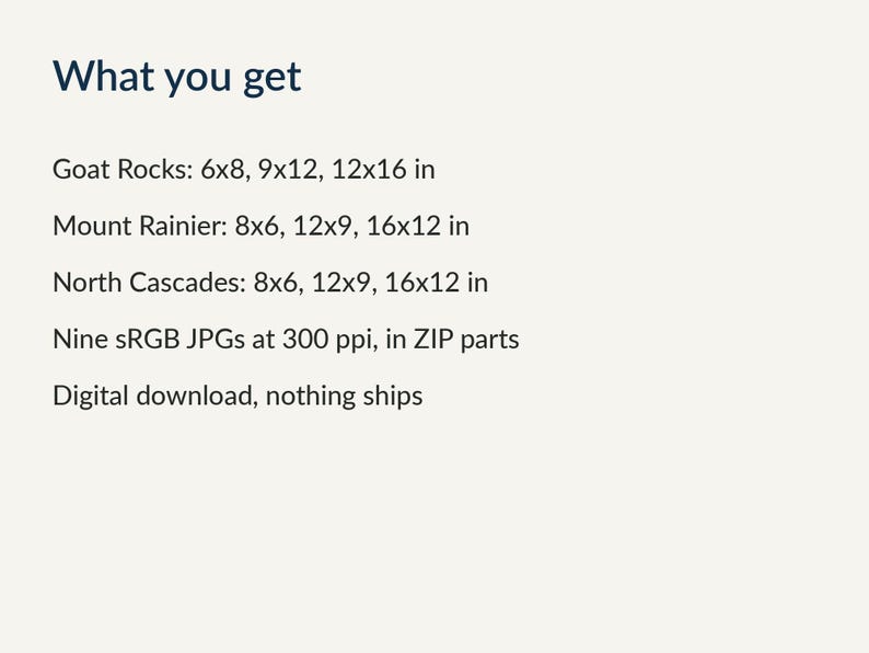 Sizes included for each painting