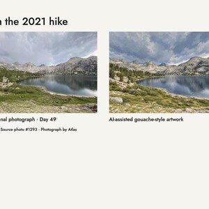 My 2021 trail photograph of Rae Lakes beside the artwork developed from it
