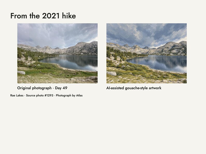 My 2021 trail photograph of Rae Lakes beside the artwork developed from it