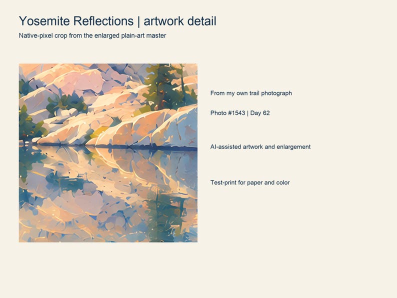 Close detail of the colorful Yosemite Reflections artwork showing its painted texture