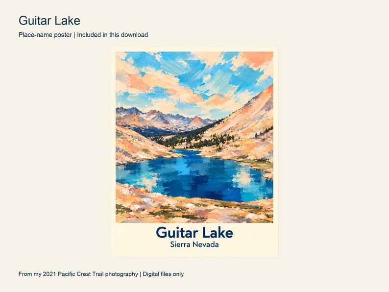 Guitar Lake place-name poster with a cream border