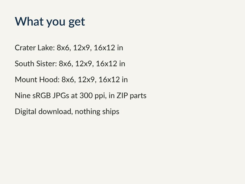 Sizes included for each painting