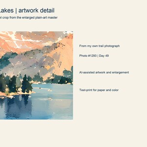 Close detail of the colorful Rae Lakes artwork showing its painted texture