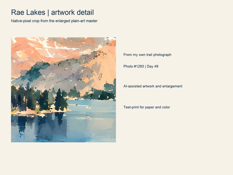 Close detail of the colorful Rae Lakes artwork showing its painted texture