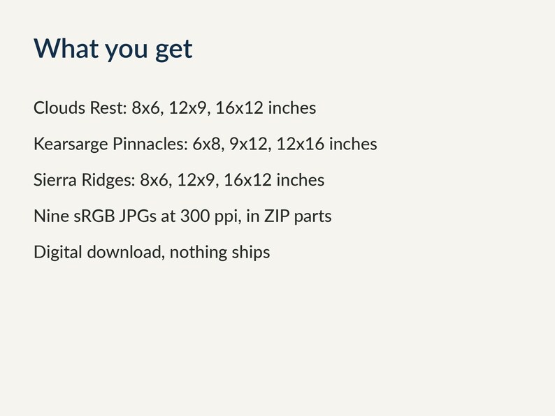 Sizes included for each of the three prints