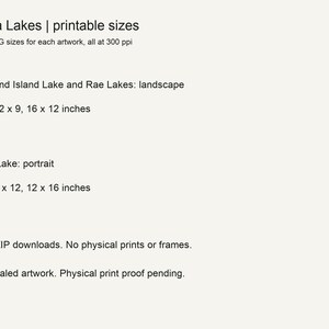 Sizes included for each of the three Sierra lake prints