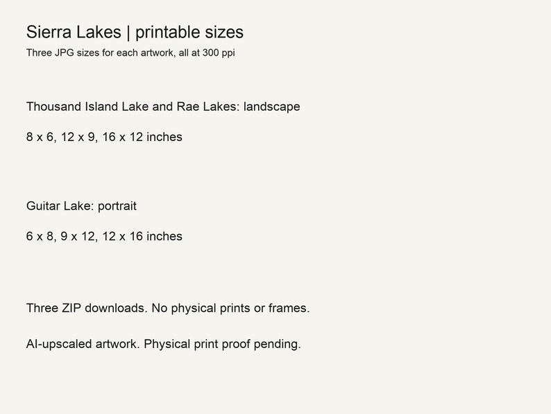 Sizes included for each of the three Sierra lake prints