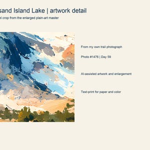 Close detail of the colorful Thousand Island Lake artwork showing its painted texture