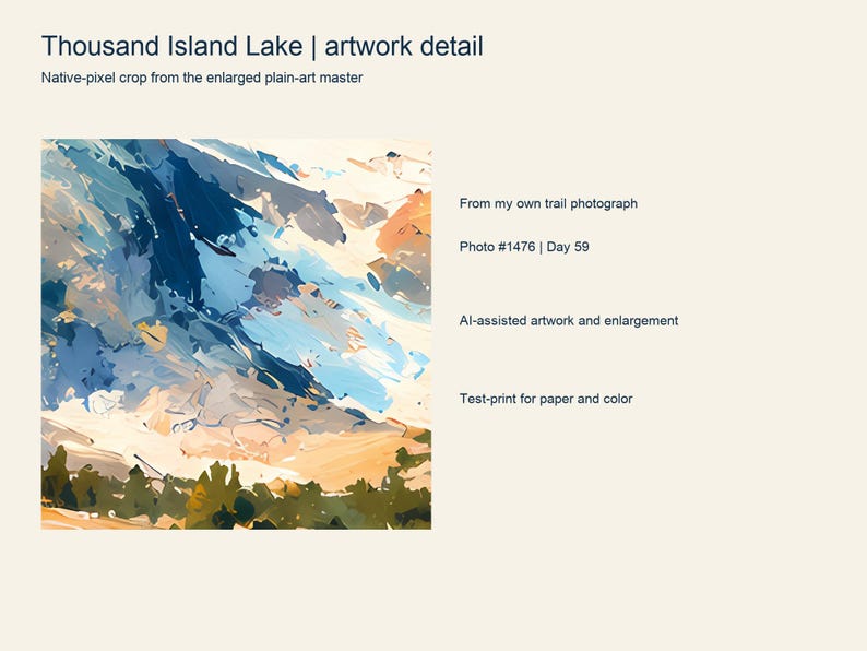 Close detail of the colorful Thousand Island Lake artwork showing its painted texture