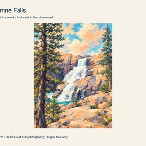 Tuolumne Falls pouring over granite between pines, painted in turquoise and peach, Yosemite National Park