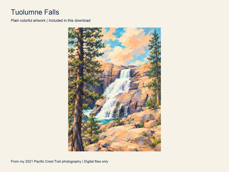Tuolumne Falls pouring over granite between pines, painted in turquoise and peach, Yosemite National Park