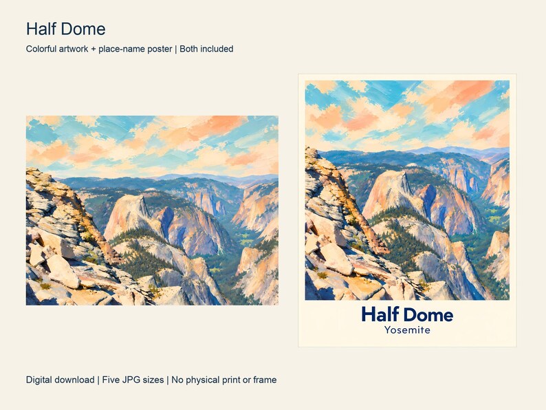 The colorful Half Dome artwork next to its place-name poster, both included in the download