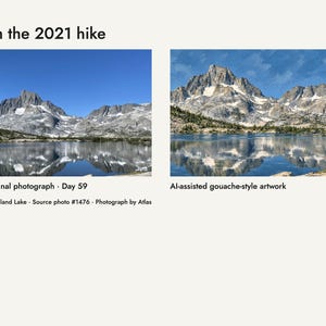 My 2021 trail photograph of Thousand Island Lake beside the artwork developed from it