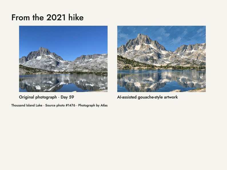 My 2021 trail photograph of Thousand Island Lake beside the artwork developed from it