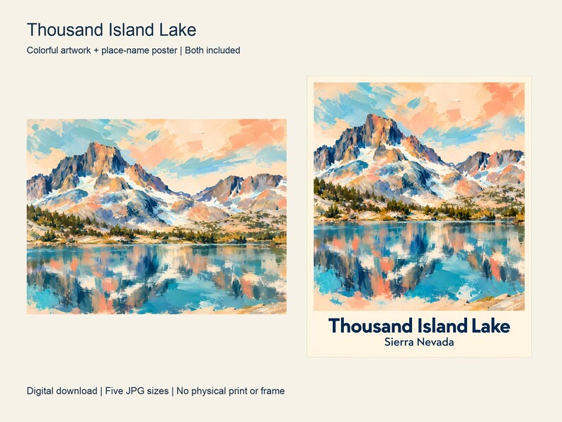 The colorful Thousand Island Lake artwork next to its place-name poster, both included in the download
