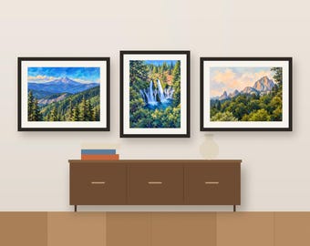 Northern California Wall Art Set of 3, Mount Shasta, Burney Falls, Castle Crags, Printable