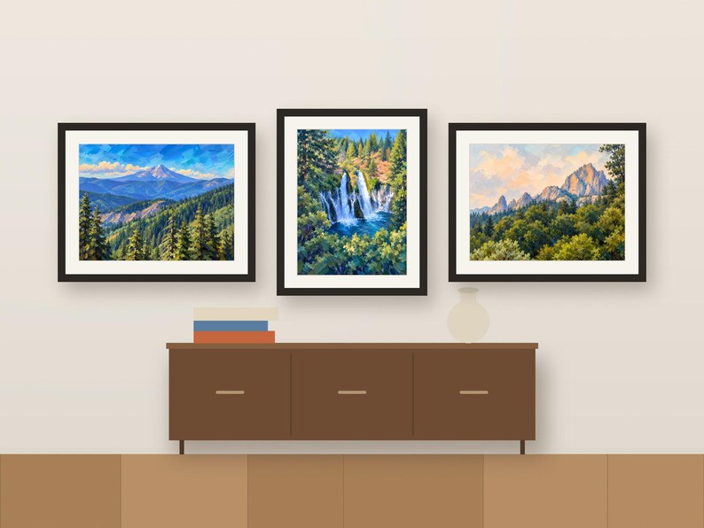 Three Northern California paintings framed in a row above a wooden sideboard, shown as a room mockup