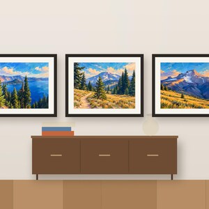 Three Oregon paintings framed in a row above a wooden sideboard, shown as a room mockup
