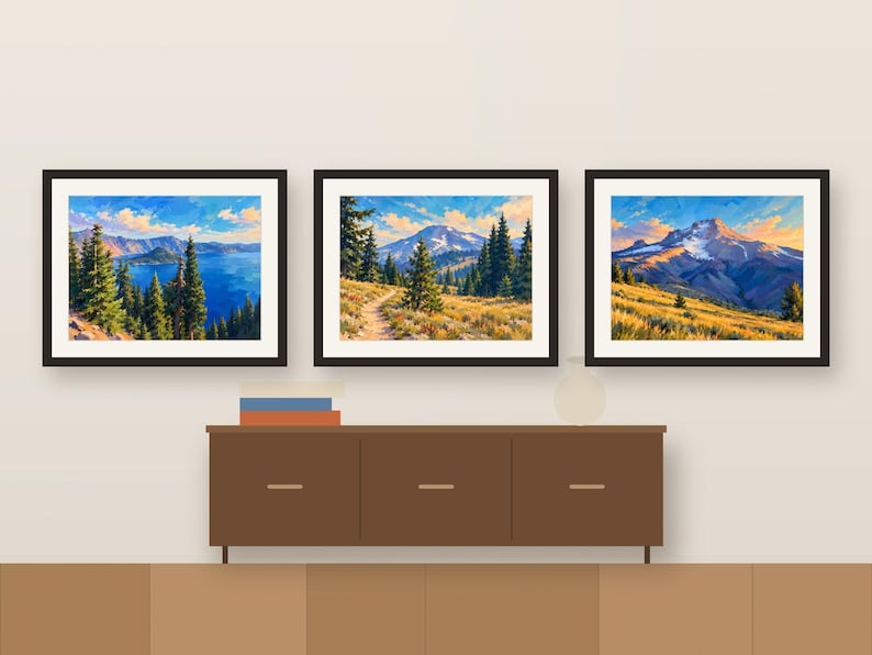 Three Oregon paintings framed in a row above a wooden sideboard, shown as a room mockup