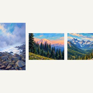 The three paintings side by side: Goat Rocks, Mount Rainier, North Cascades
