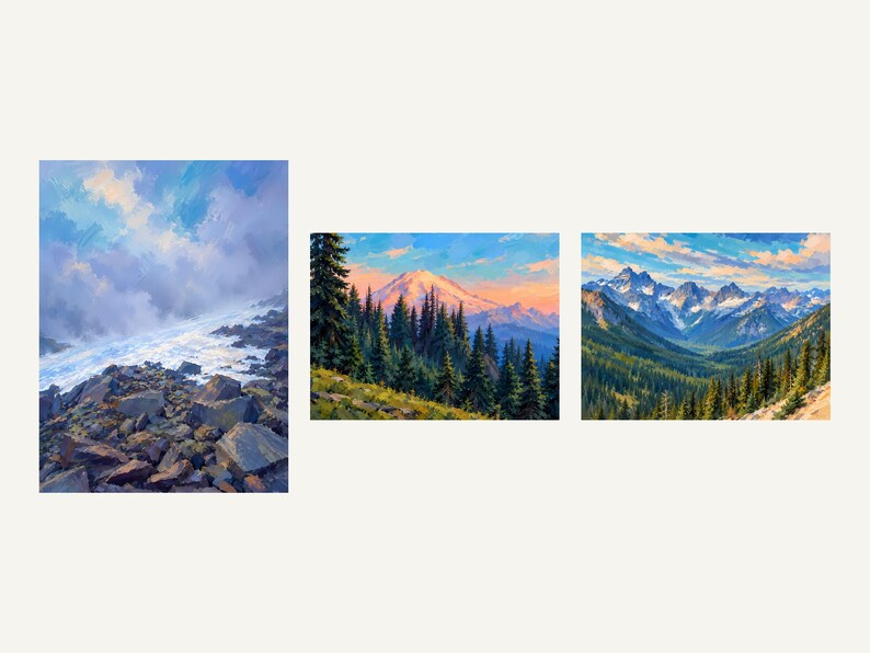The three paintings side by side: Goat Rocks, Mount Rainier, North Cascades