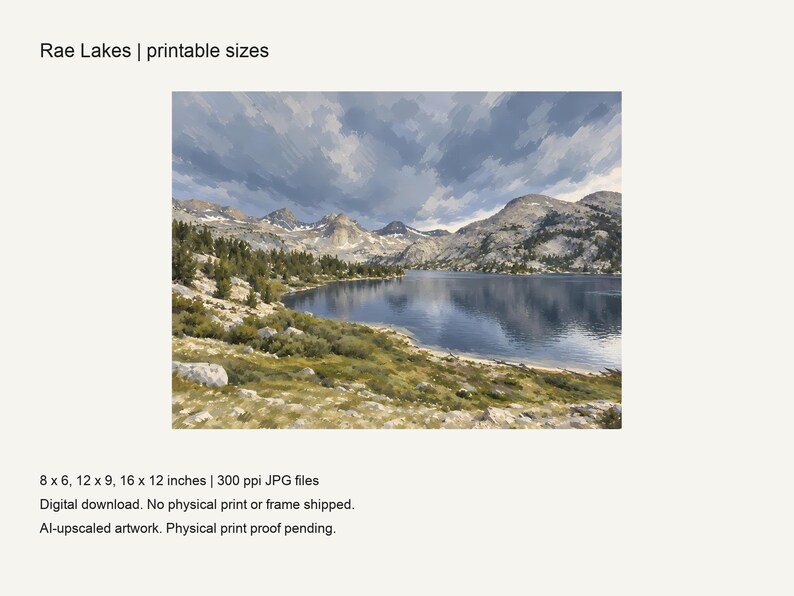 Rae Lakes print with its three included sizes, 8x6, 12x9 and 16x12 inches