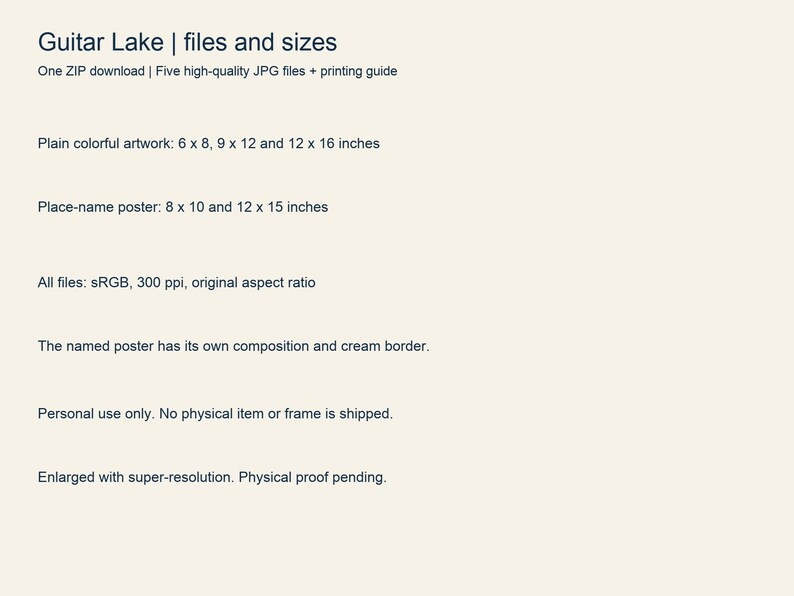 List of the five Guitar Lake JPG files and their print sizes
