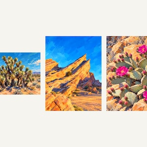 The three paintings side by side: Joshua Trees, Vasquez Rocks, Beavertail Bloom