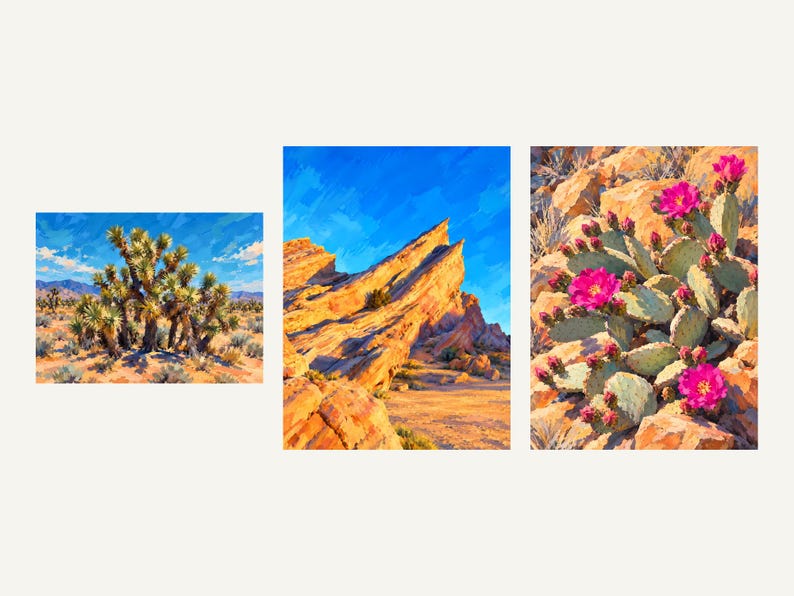 The three paintings side by side: Joshua Trees, Vasquez Rocks, Beavertail Bloom