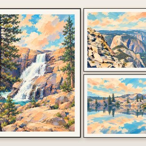 May include: A set of three framed landscape paintings featuring a waterfall cascading over rocky terrain, a high-altitude mountain valley view, and a calm lake reflecting a sky filled with soft peach and blue clouds.