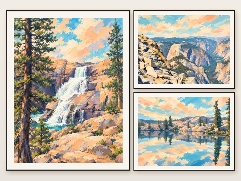 May include: A set of three framed landscape paintings featuring a waterfall cascading over rocky terrain, a high-altitude mountain valley view, and a calm lake reflecting a sky filled with soft peach and blue clouds.
