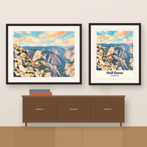 Colorful Half Dome artwork and its place-name poster, framed side by side above a wooden sideboard, shown as a room mockup