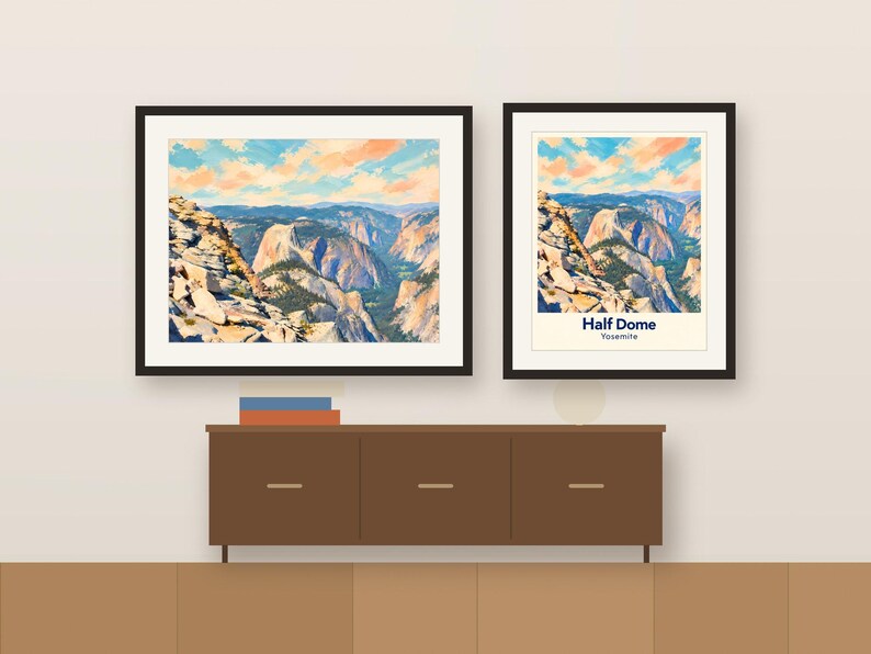 Colorful Half Dome artwork and its place-name poster, framed side by side above a wooden sideboard, shown as a room mockup