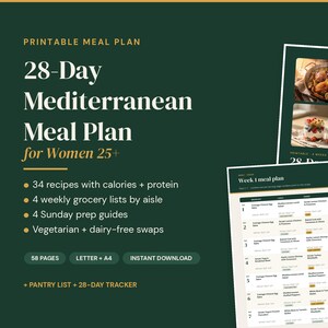 K&ouml;nnte beinhalten: Ein druckbarer 28-Tage-Mittelmeer-Ern&auml;hrungsplan auf dunkelgr&uuml;nem Hintergrund mit wei&szlig;em Text. Er enth&auml;lt 34 Rezepte, 4 w&ouml;chentliche Einkaufslisten, 4 Sonntags-Vorbereitungsanleitungen, vegetarische und milchfreie Optionen sowie einen 28-Tage-Tracker.