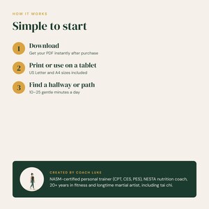 Puede incluir: Un gr&aacute;fico instructivo titulado How it works, Simple to start. Enumera tres pasos: 1. Download, 2. Print or use on a tablet, 3. Find a hallway or path. Un recuadro verde oscuro en la parte inferior presenta texto sobre Coach Luke y sus credenciales.