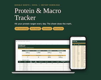 Könnte beinhalten: Ein digitaler Protein & Macro Tracker für Google Sheets und Excel. Die Anzeige zeigt ein Dashboard mit Kalorien- und Proteinzielen, eine wöchentliche Fortschrittstabelle und ein Ernährungstagebuch auf einem Mobilgerät.