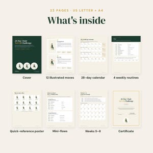 May include: A 23-page digital document titled 28-Day Chair Tai Chi Challenge, featuring a cover, 12 illustrated moves, a 28-day calendar, 4 weekly routines, a quick-reference poster, mini-flows, weeks 5-8, and a completion certificate.
