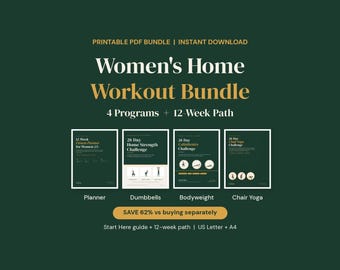 Fitness-Paket für Frauen für zu Hause: Hanteltraining, Calisthenics, Stuhl-Yoga-Herausforderungen, druckbarer Fitnessplaner (PDF)